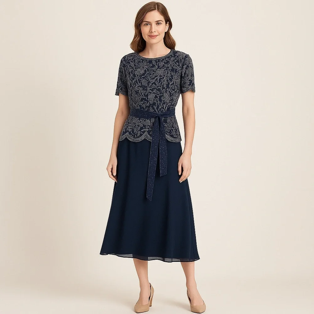 Papell Boutique Silk Beaded Dress Navy Blue Size 8 - Picture 2 of 9